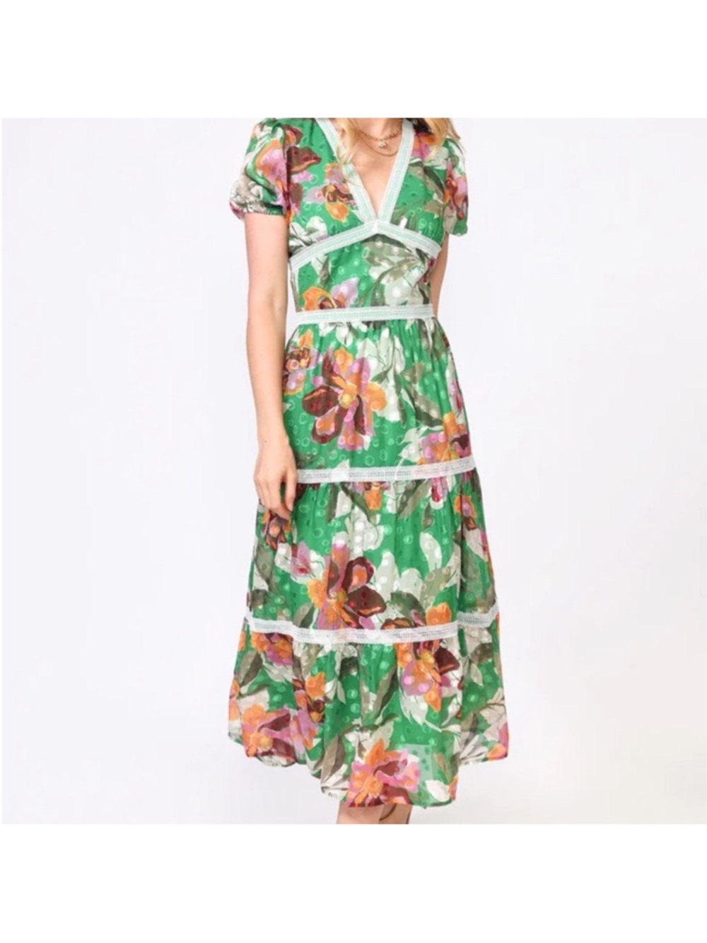 Adelyn Rae Green Floral Tiered Maxi Dress